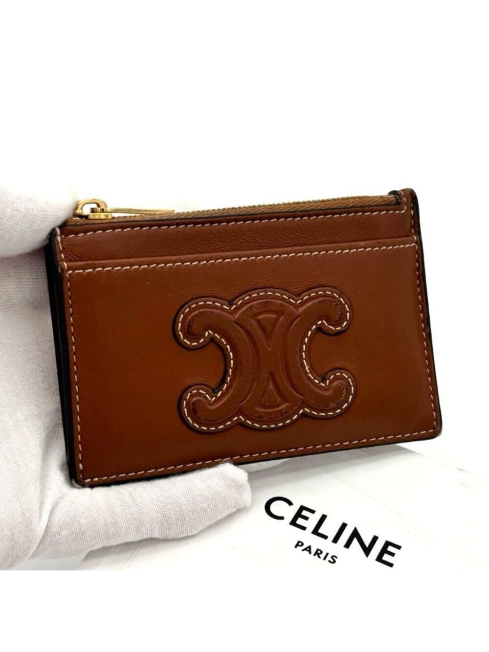 Celine Cuill Taurillon Triomphe Coin Case Wallet Brown - Picture 9 of 9